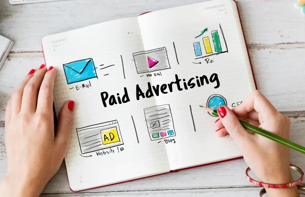 Cuaderno con esquema de estrategia de publicidad online, con bocetos de anuncios de email, video y display, y el texto "Paid Advertising"