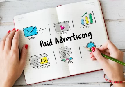 Cuaderno con esquema de estrategia de publicidad online, con bocetos de anuncios de email, video y display, y el texto "Paid Advertising"