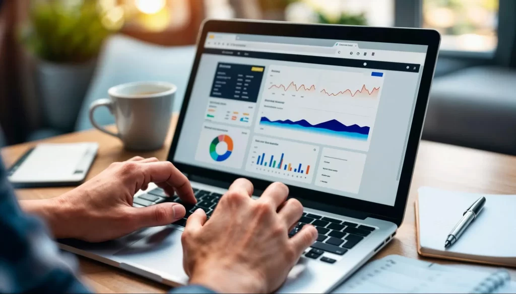 Persona trabajando en un portátil con un panel de analítica (gráficos de barras, líneas y circular), taza de café y libreta. Ubicada tras la introducción "Cómo saber cuánto invertir en Ads"