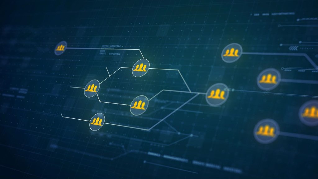 Diagrama de nodos conectados representando un flujo de trabajo automatizado de n8n con iconos de usuarios y conexiones entre procesos